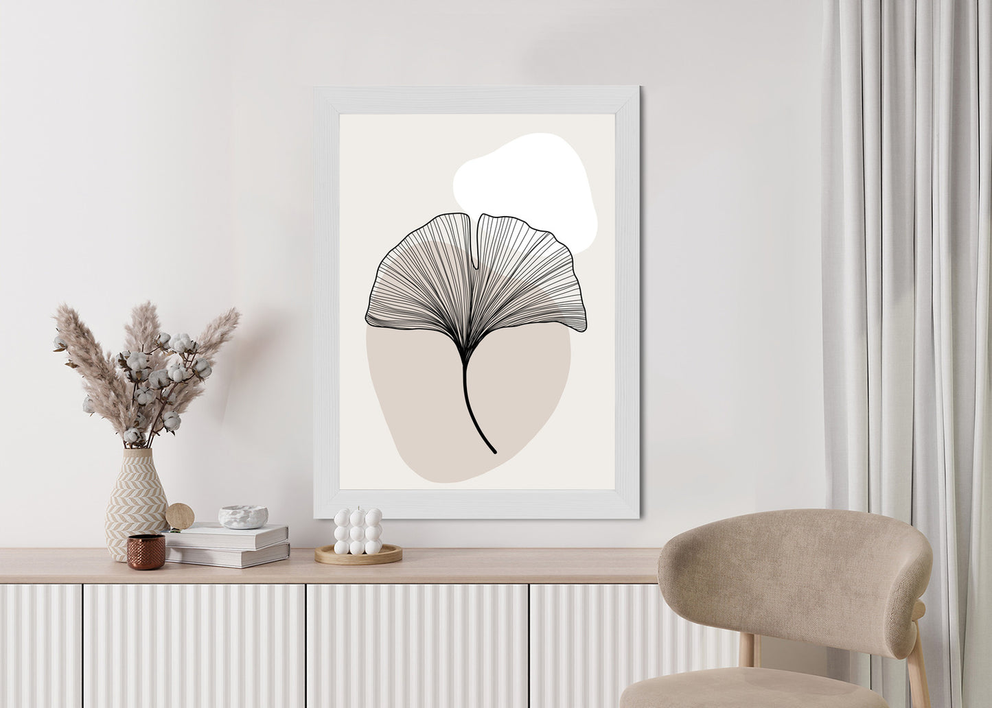 Poster Minimalistisches Ginkgoblatt Rahmen Holz Mit Passepartout Farbe Natürlich