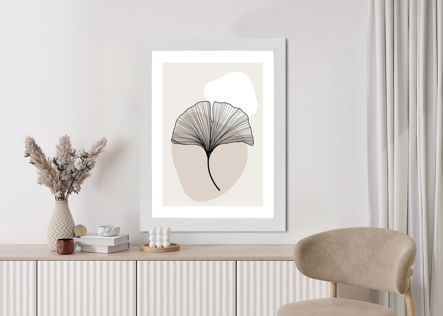 Poster Minimalistisches Ginkgoblatt Rahmen Holz Mit Passepartout Farbe Natürlich