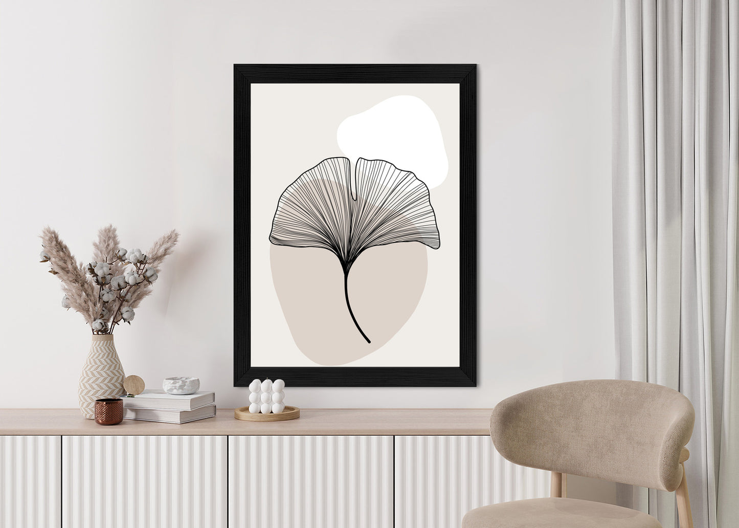 Poster Minimalistisches Ginkgoblatt Rahmen Holz Mit Passepartout Farbe Natürlich