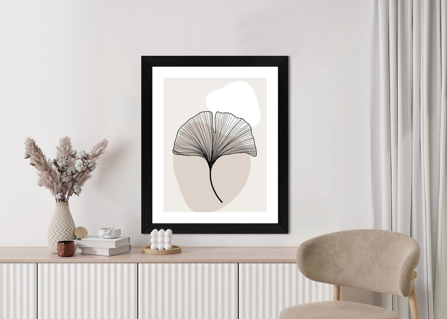 Poster Minimalistisches Ginkgoblatt Rahmen Holz Mit Passepartout Farbe Natürlich