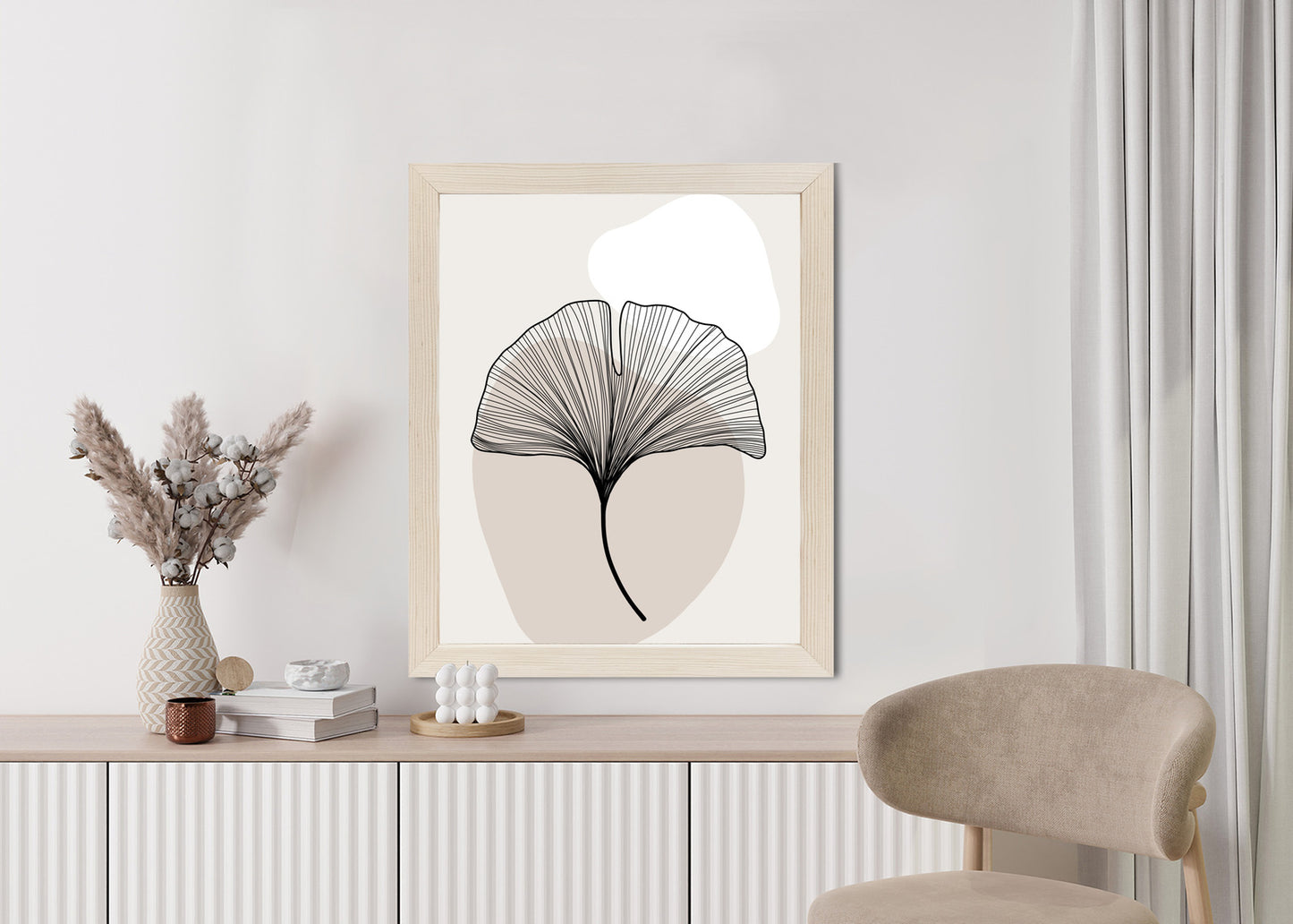 Poster Minimalistisches Ginkgoblatt Rahmen Holz Mit Passepartout Farbe Natürlich