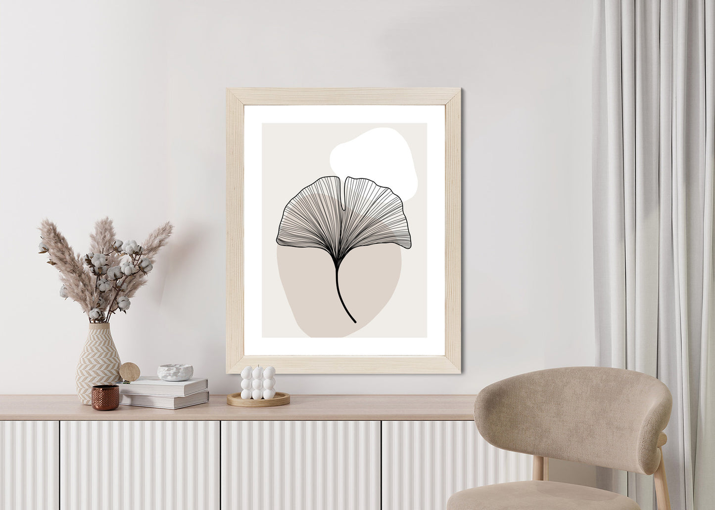Poster Minimalistisches Ginkgoblatt Rahmen Holz Mit Passepartout Farbe Natürlich