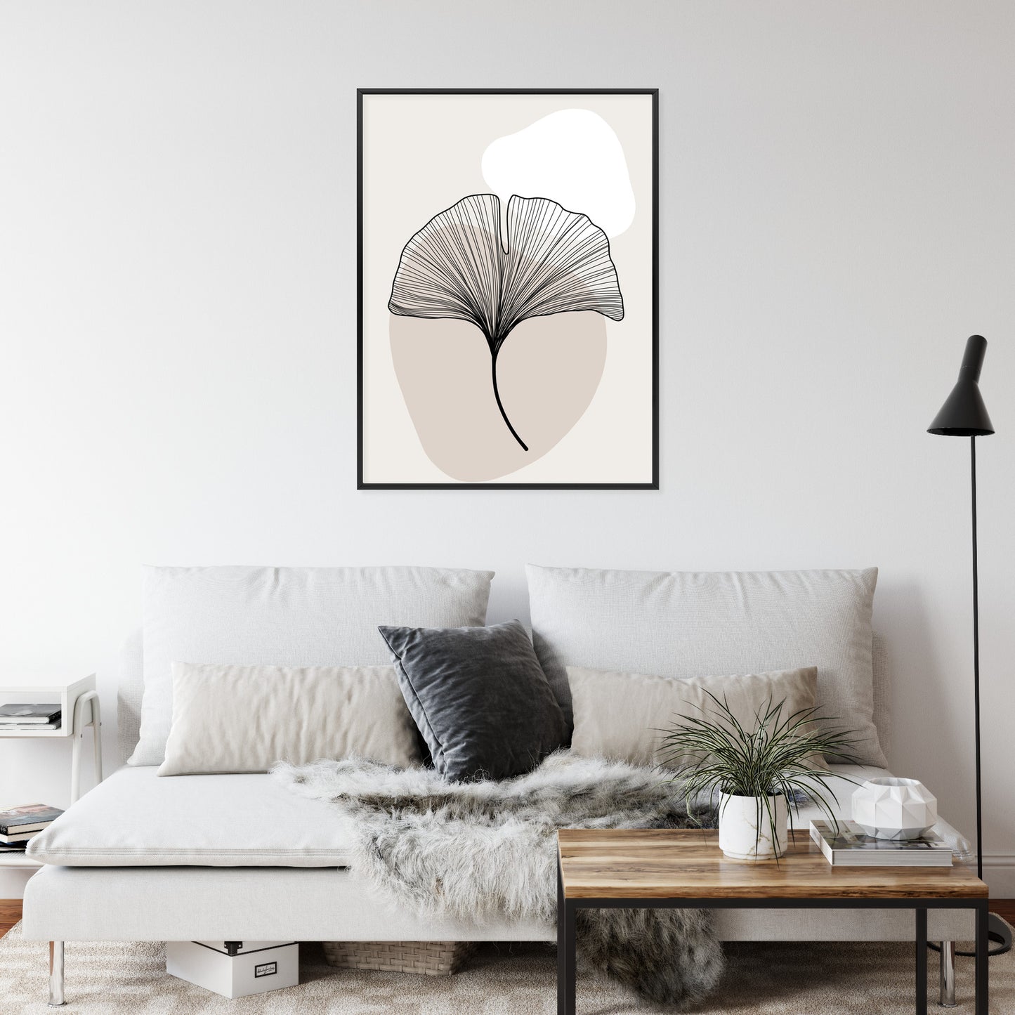 Poster Minimalistisches Ginkgoblatt Rahmen Holz Mit Passepartout Farbe Natürlich