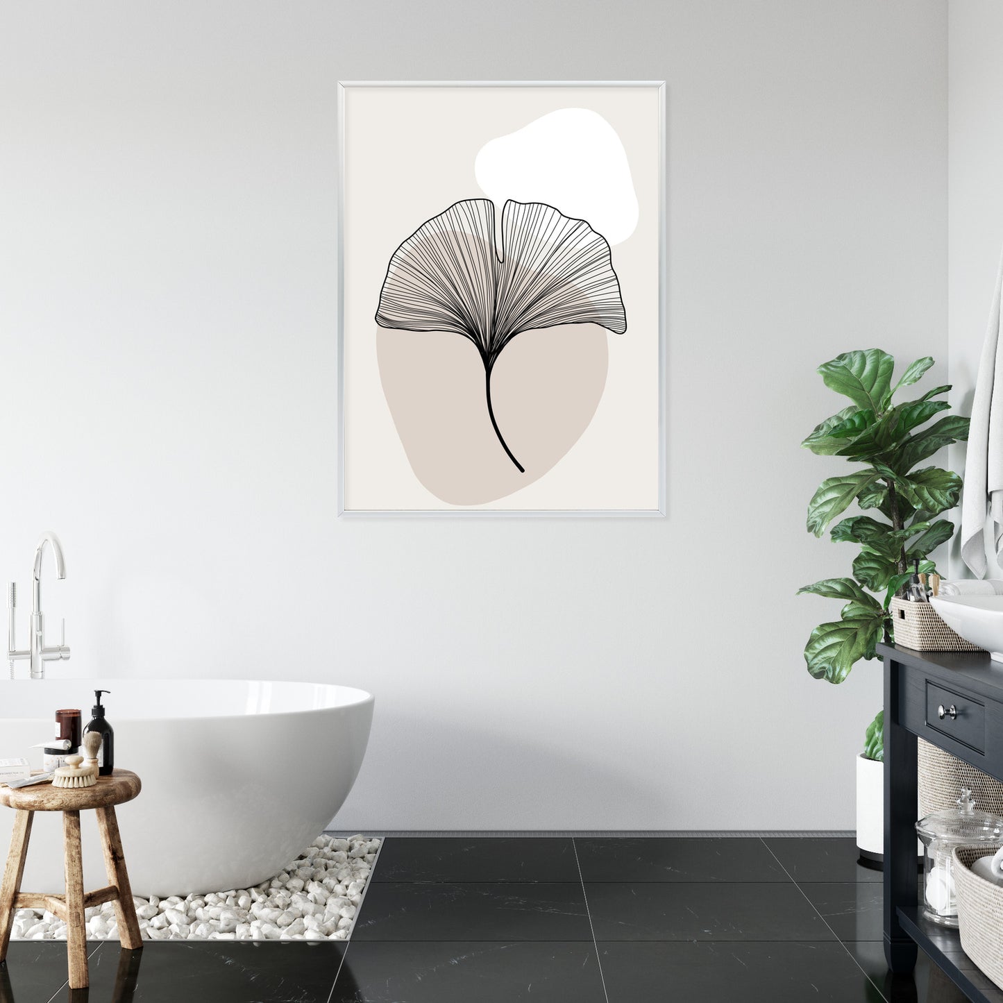 Poster Minimalistisches Ginkgoblatt Rahmen Holz Mit Passepartout Farbe Natürlich