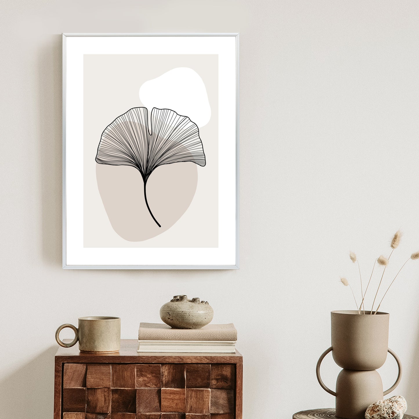 Poster Minimalistisches Ginkgoblatt Rahmen Holz Mit Passepartout Farbe Natürlich