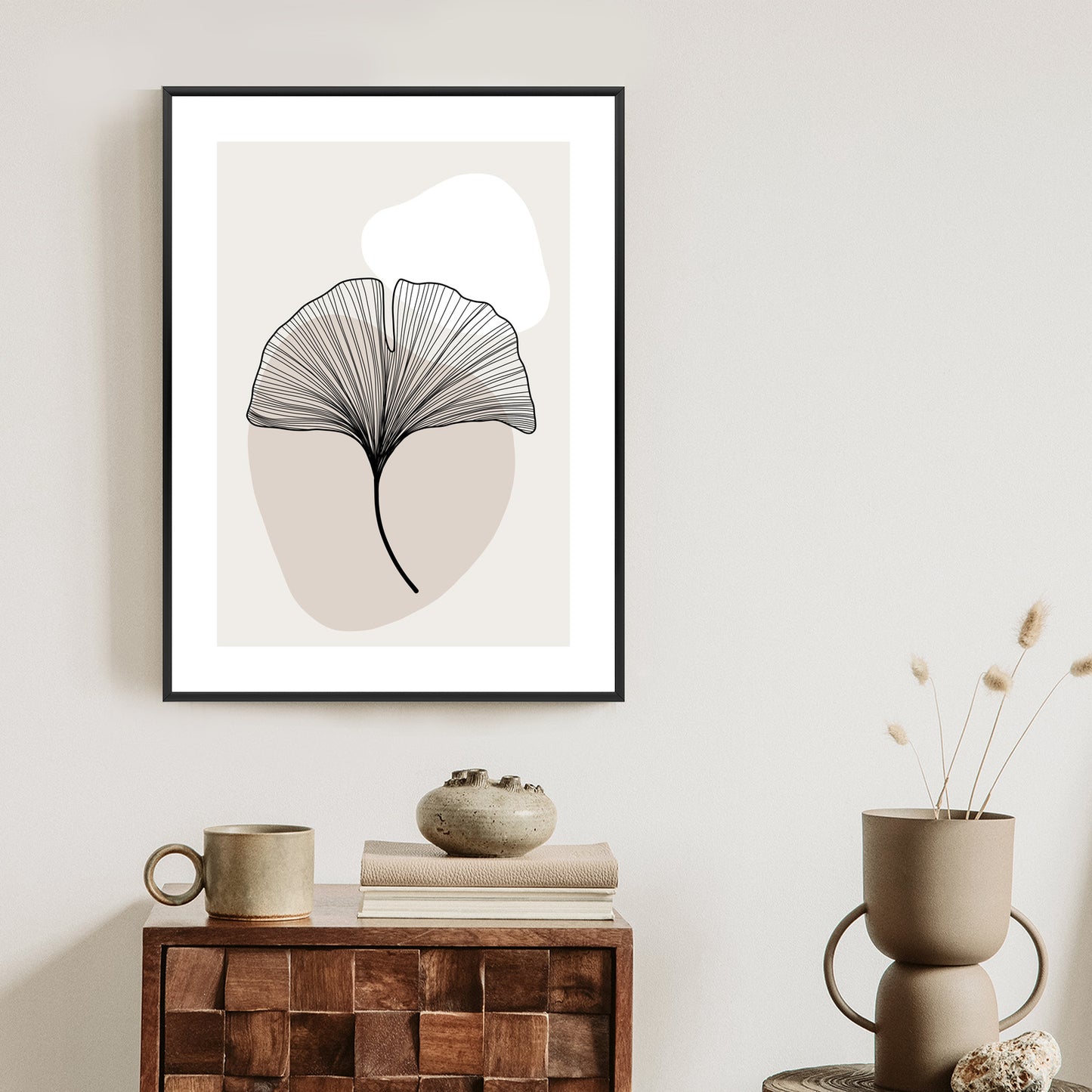 Poster Minimalistisches Ginkgoblatt Rahmen Holz Mit Passepartout Farbe Natürlich
