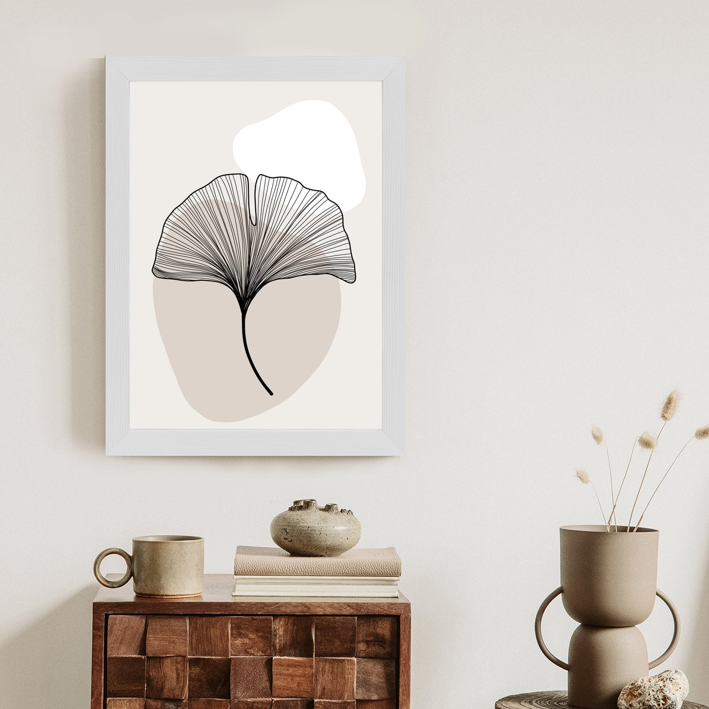 Poster Minimalistisches Ginkgoblatt Rahmen Holz Mit Passepartout Farbe Natürlich