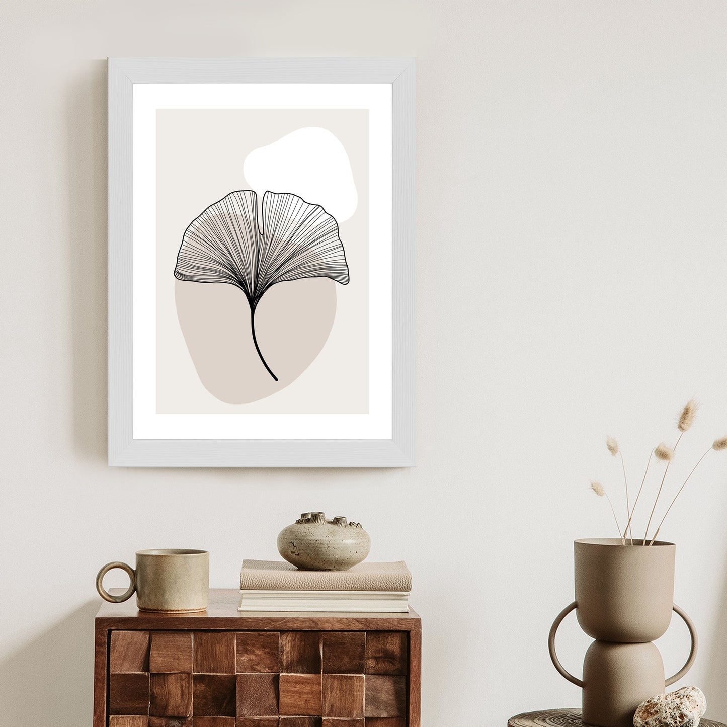 Poster Minimalistisches Ginkgoblatt Rahmen Holz Mit Passepartout Farbe Natürlich