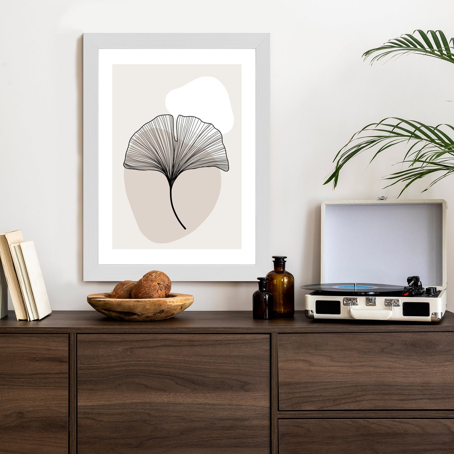 Poster Minimalistisches Ginkgoblatt Rahmen Holz Mit Passepartout Farbe Natürlich