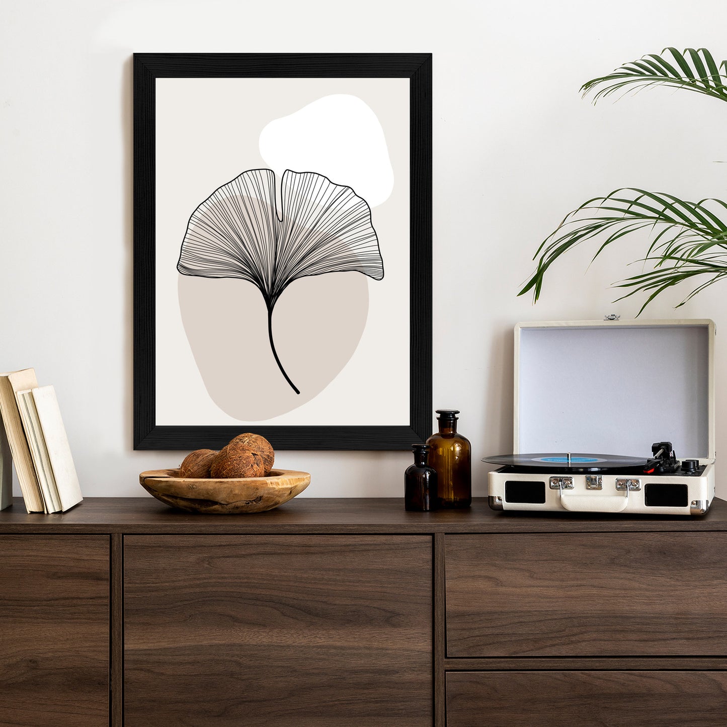 Poster Minimalistisches Ginkgoblatt Rahmen Holz Mit Passepartout Farbe Natürlich
