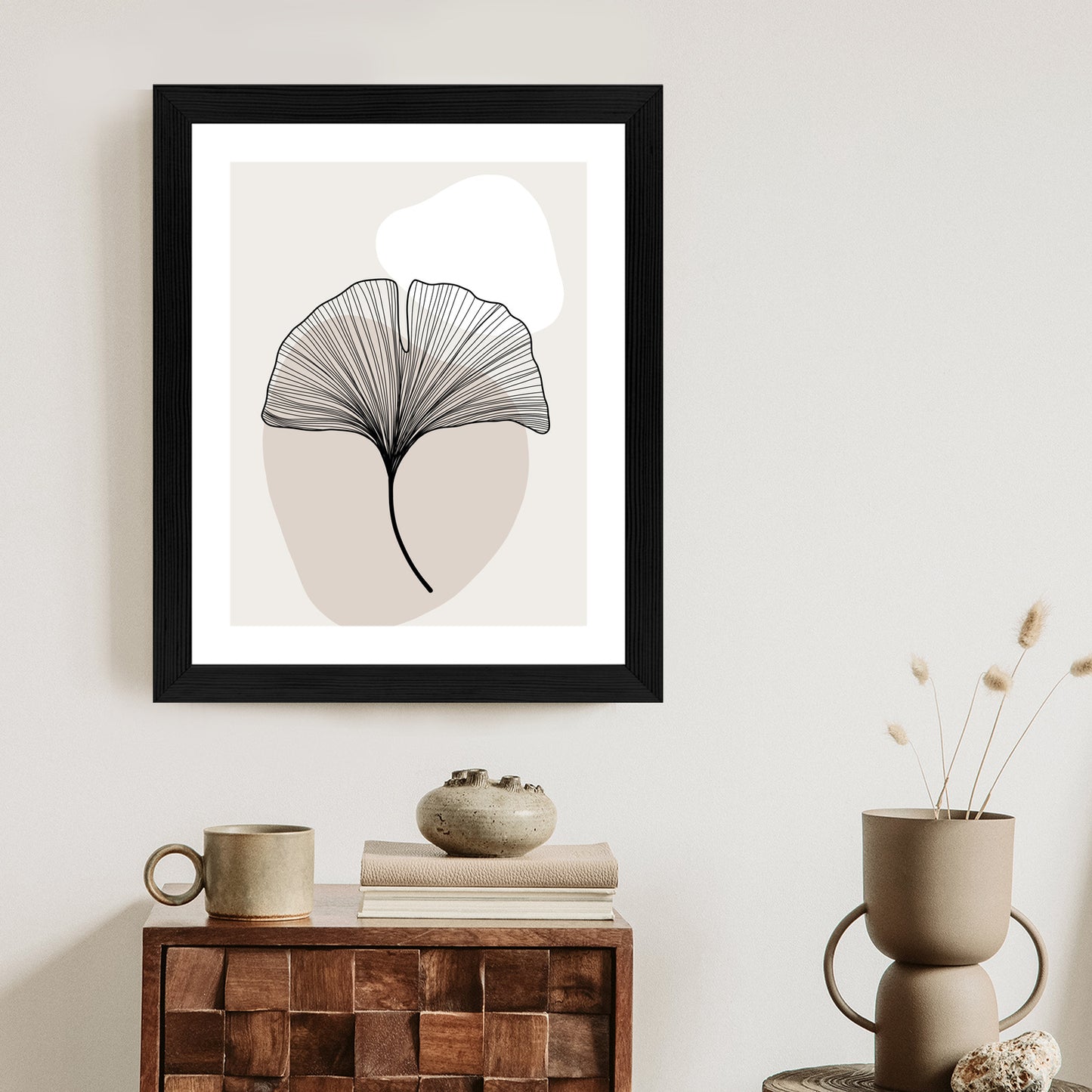 Poster Minimalistisches Ginkgoblatt Rahmen Holz Mit Passepartout Farbe Natürlich