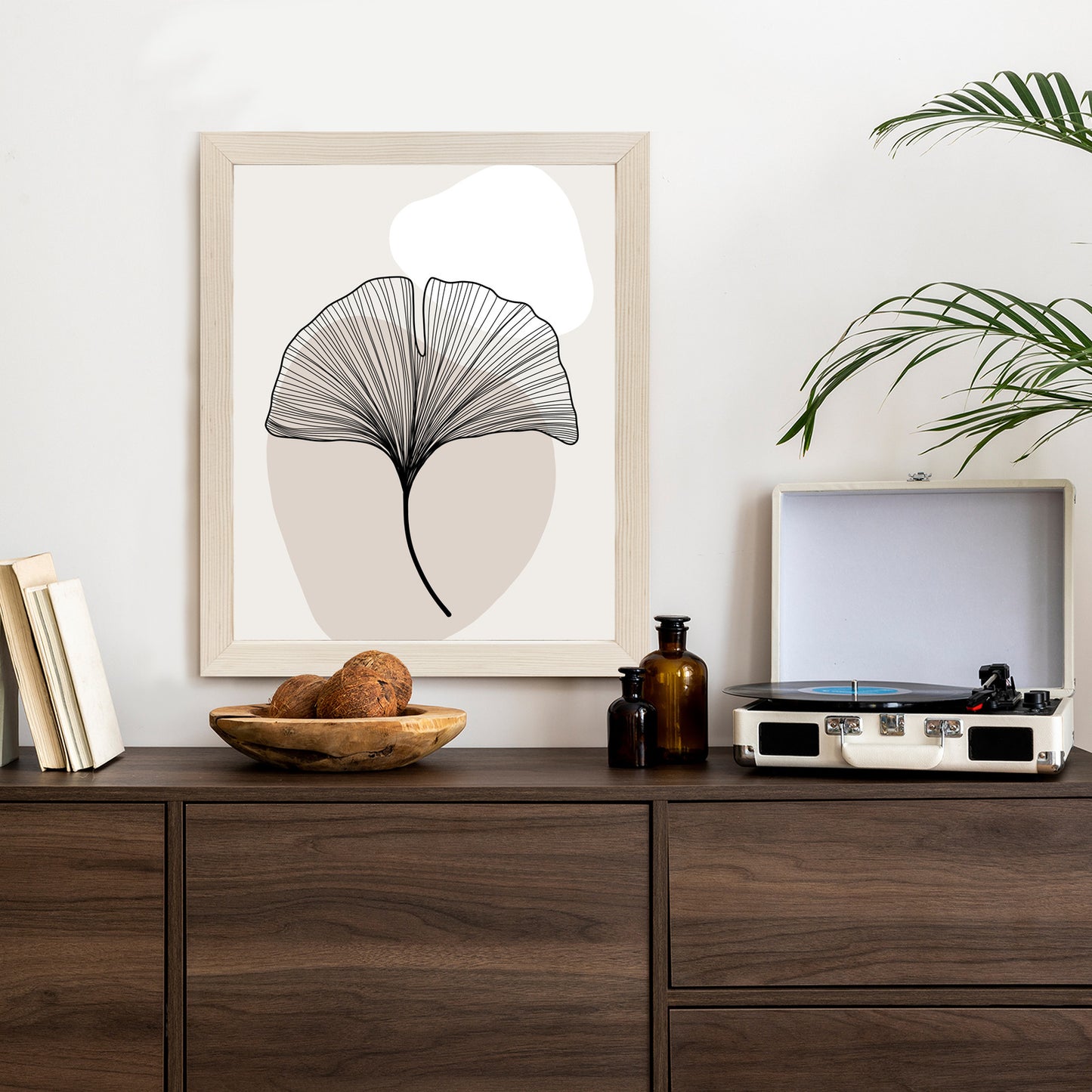 Poster Minimalistisches Ginkgoblatt Rahmen Holz Mit Passepartout Farbe Natürlich
