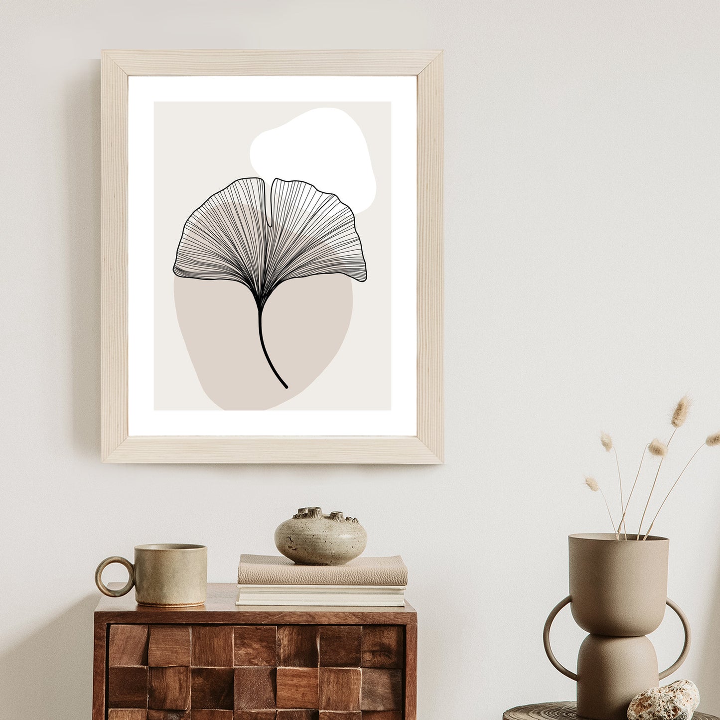Poster Minimalistisches Ginkgoblatt Rahmen Holz Mit Passepartout Farbe Natürlich