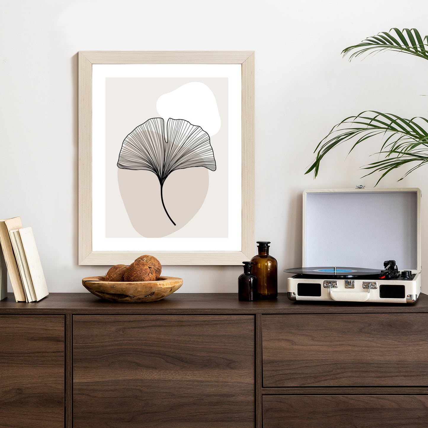 Poster Minimalistisches Ginkgoblatt Rahmen Holz Mit Passepartout Farbe Natürlich