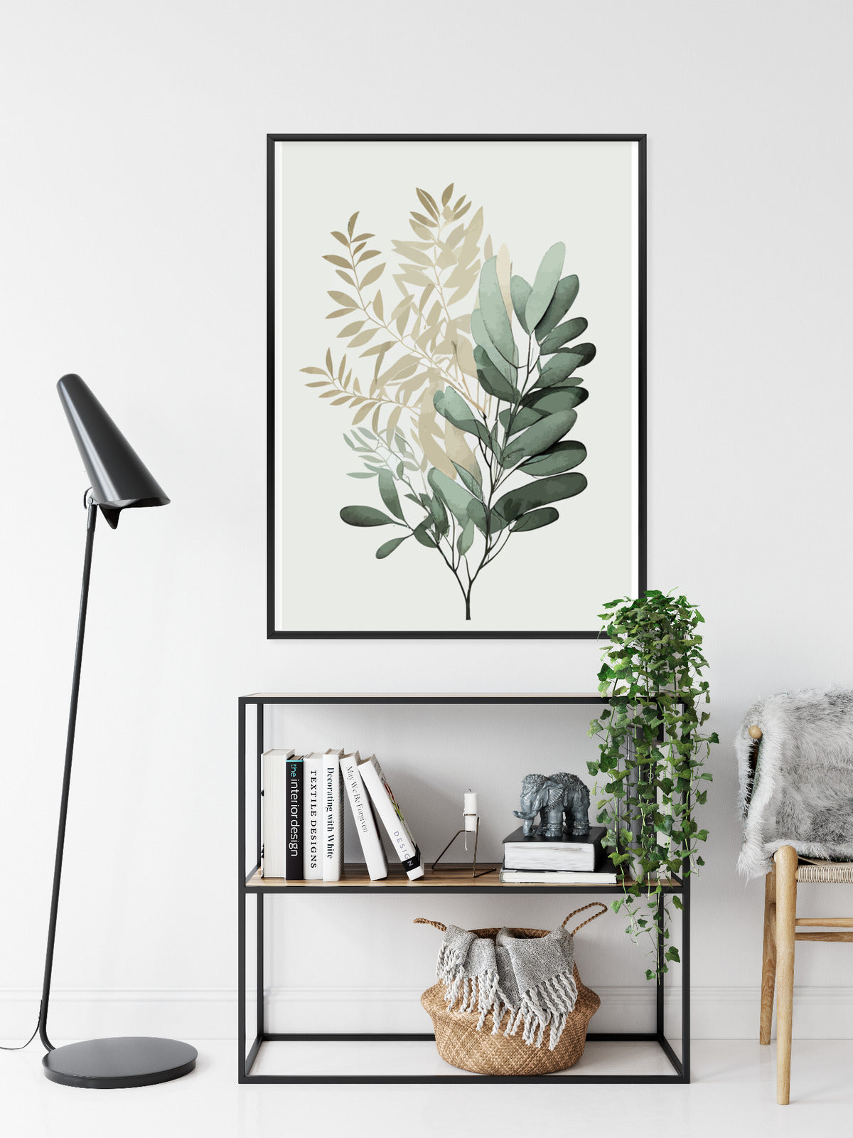 Poster Grüner Und Goldener Aquarellzweig Rahmen Holz Mit Passepartout Farbe Natürlich