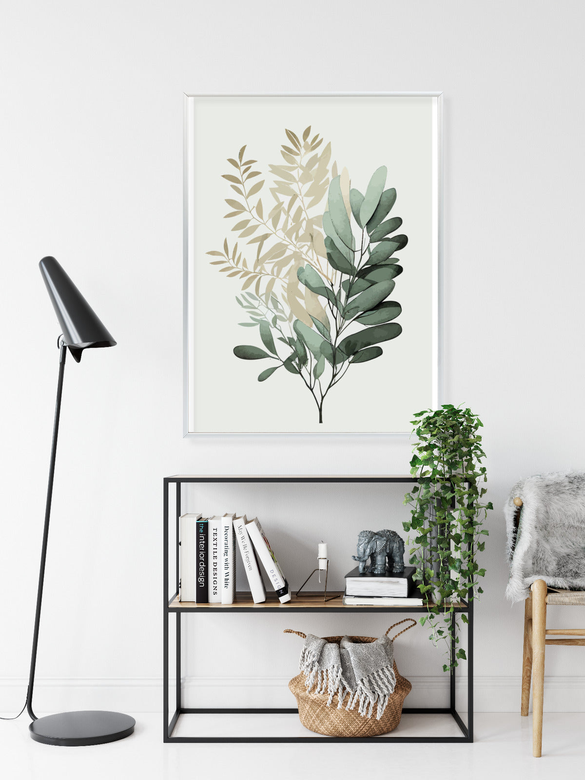 Poster Grüner Und Goldener Aquarellzweig Rahmen Holz Mit Passepartout Farbe Natürlich