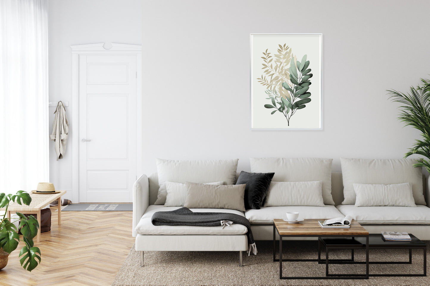 Poster Grüner Und Goldener Aquarellzweig Rahmen Holz Mit Passepartout Farbe Natürlich