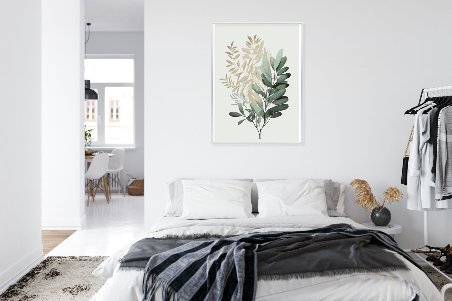 Poster Grüner Und Goldener Aquarellzweig Rahmen Holz Mit Passepartout Farbe Natürlich