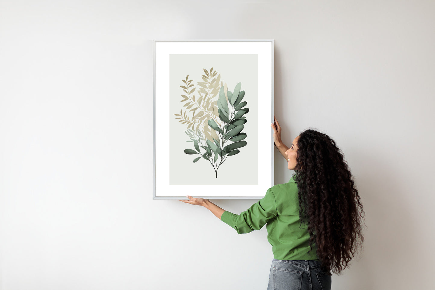 Poster Grüner Und Goldener Aquarellzweig Rahmen Holz Mit Passepartout Farbe Natürlich