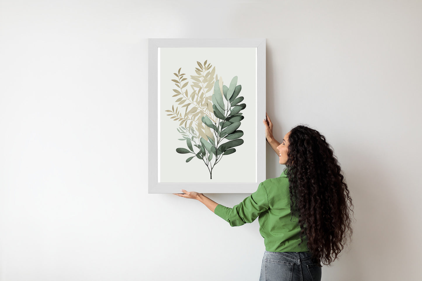 Poster Grüner Und Goldener Aquarellzweig Rahmen Holz Mit Passepartout Farbe Natürlich