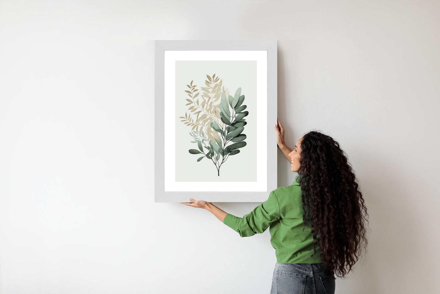 Poster Grüner Und Goldener Aquarellzweig Rahmen Holz Mit Passepartout Farbe Natürlich