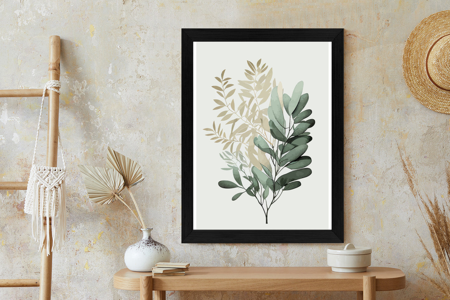 Poster Grüner Und Goldener Aquarellzweig Rahmen Holz Mit Passepartout Farbe Natürlich