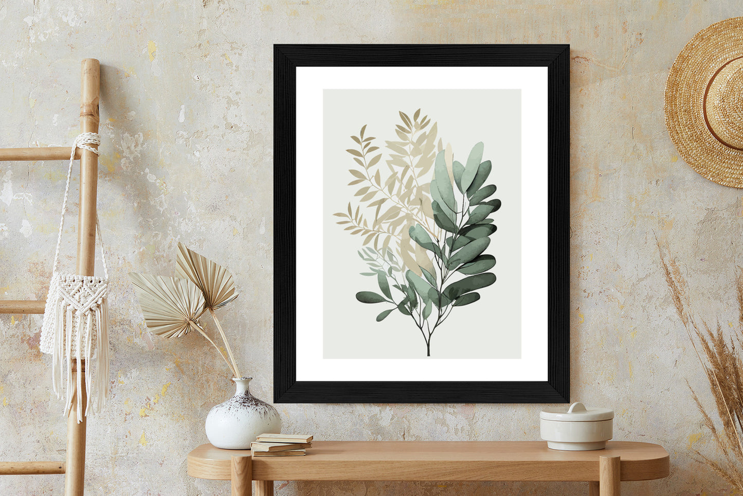 Poster Grüner Und Goldener Aquarellzweig Rahmen Holz Mit Passepartout Farbe Natürlich