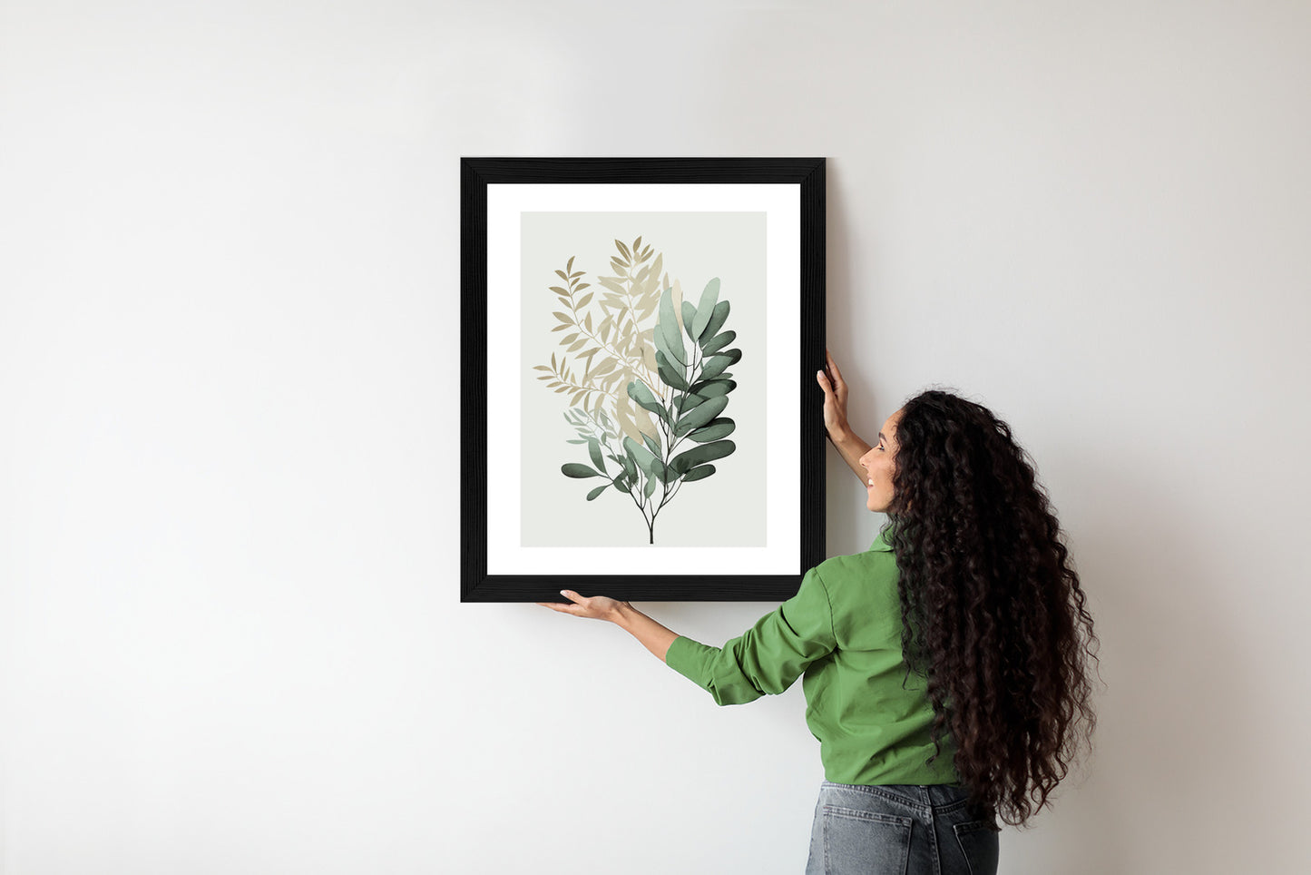 Poster Grüner Und Goldener Aquarellzweig Rahmen Holz Mit Passepartout Farbe Natürlich