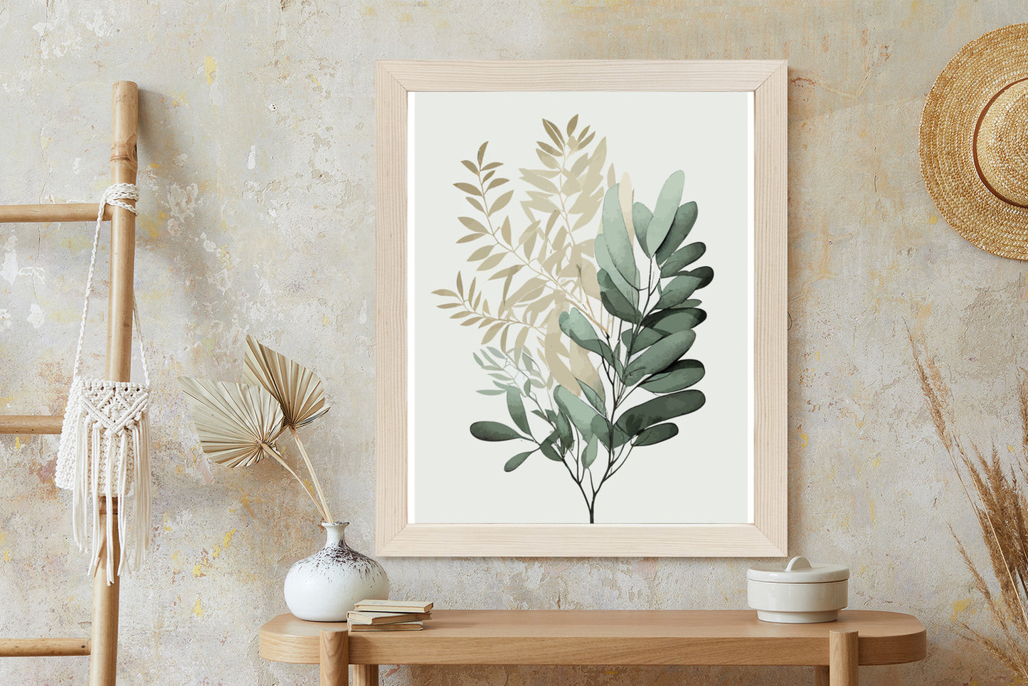 Poster Grüner Und Goldener Aquarellzweig Rahmen Holz Mit Passepartout Farbe Natürlich