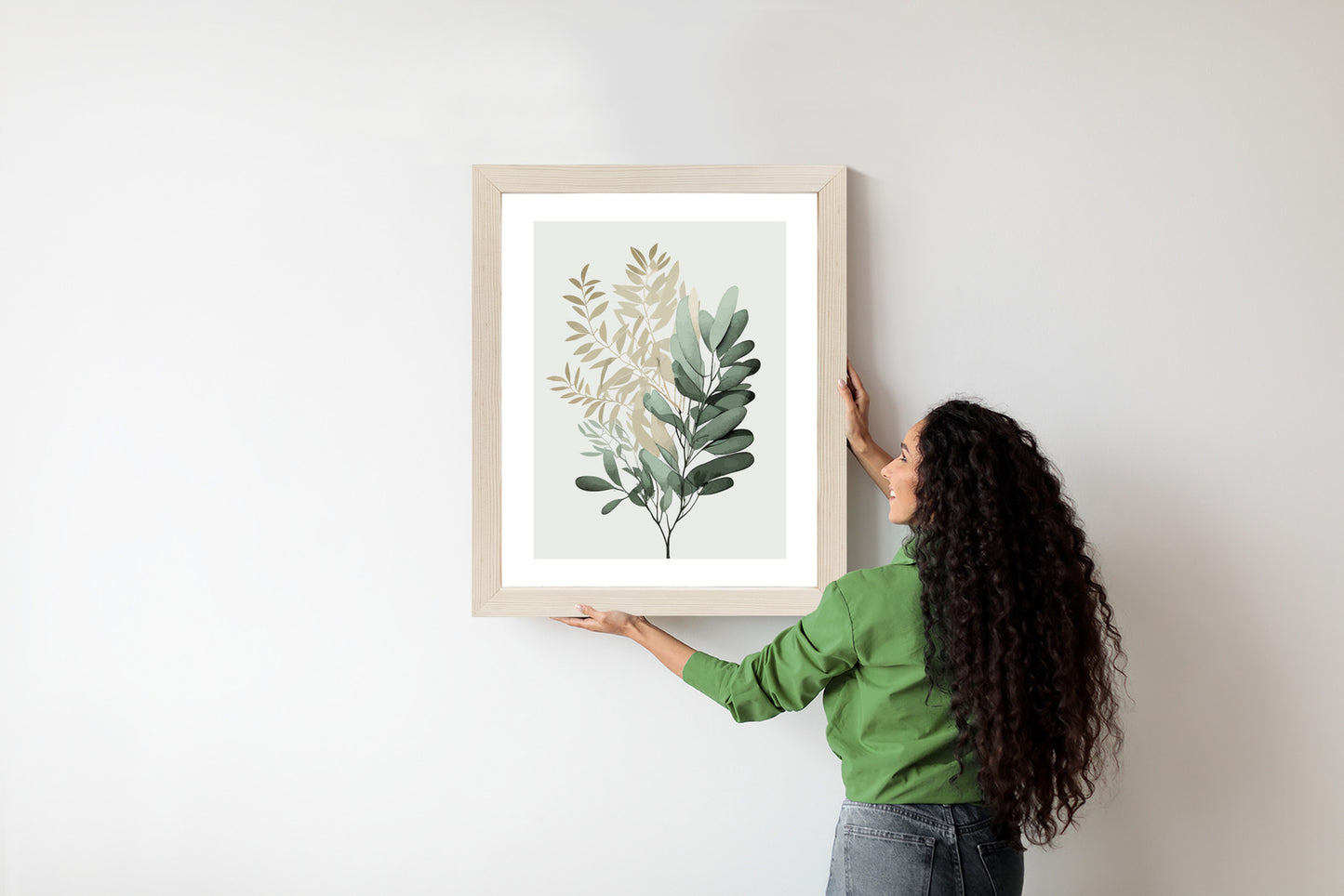 Poster Grüner Und Goldener Aquarellzweig Rahmen Holz Mit Passepartout Farbe Natürlich