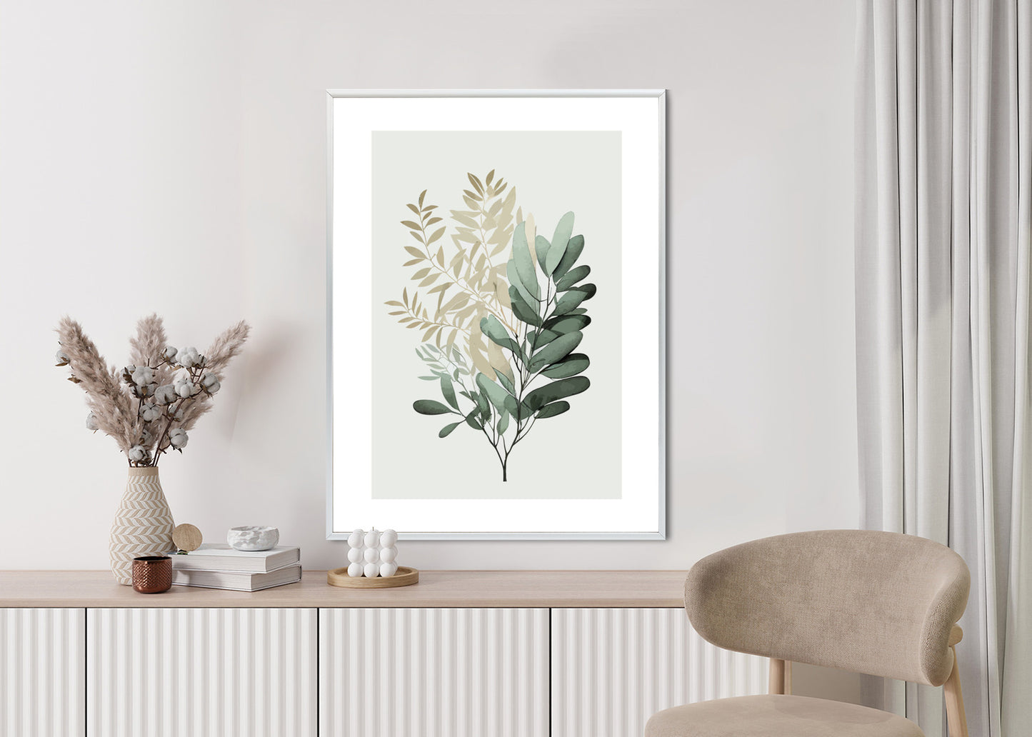 Poster Grüner Und Goldener Aquarellzweig Rahmen Holz Mit Passepartout Farbe Natürlich
