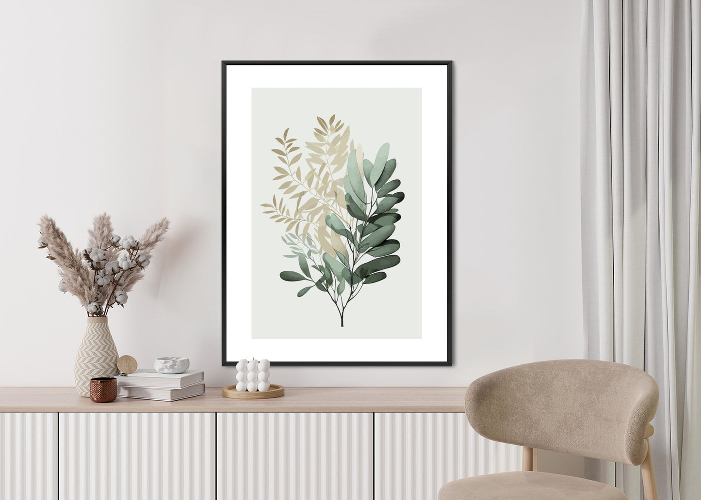 Poster Grüner Und Goldener Aquarellzweig Rahmen Holz Mit Passepartout Farbe Natürlich