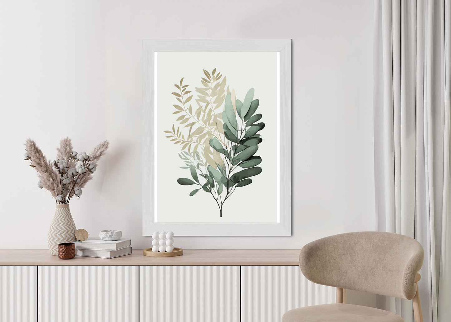 Poster Grüner Und Goldener Aquarellzweig Rahmen Holz Mit Passepartout Farbe Natürlich