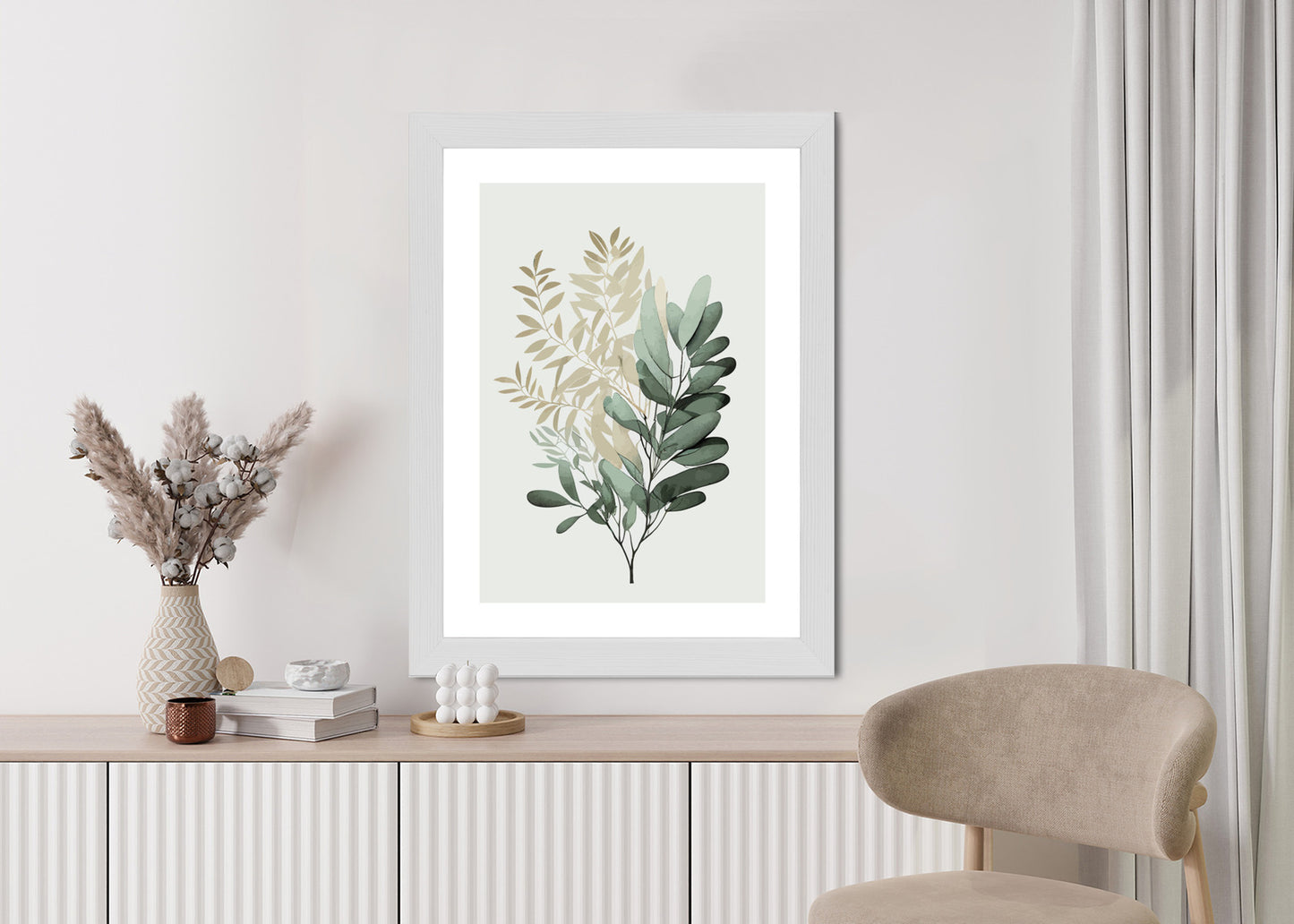 Poster Grüner Und Goldener Aquarellzweig Rahmen Holz Mit Passepartout Farbe Natürlich