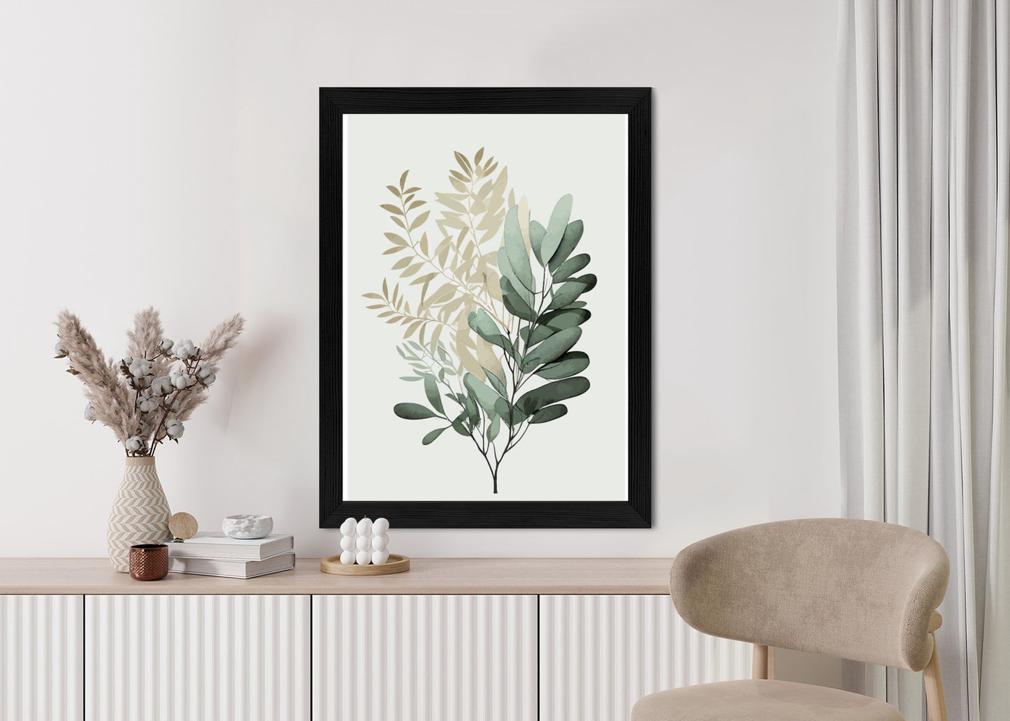 Poster Grüner Und Goldener Aquarellzweig Rahmen Holz Mit Passepartout Farbe Natürlich