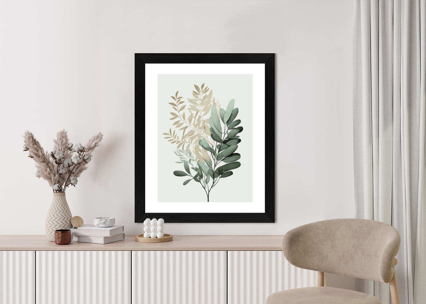 Poster Grüner Und Goldener Aquarellzweig Rahmen Holz Mit Passepartout Farbe Natürlich