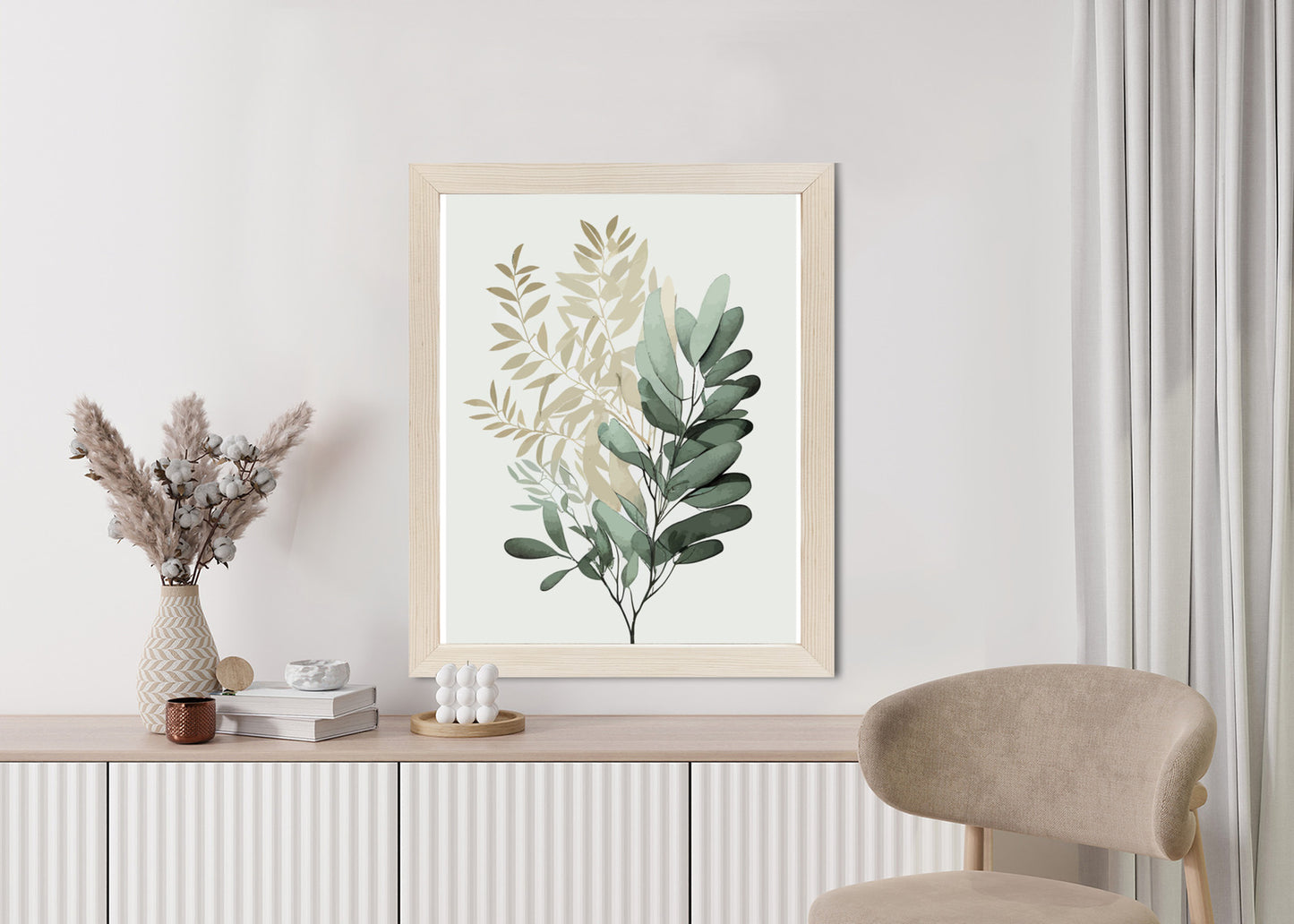 Poster Grüner Und Goldener Aquarellzweig Rahmen Holz Mit Passepartout Farbe Natürlich
