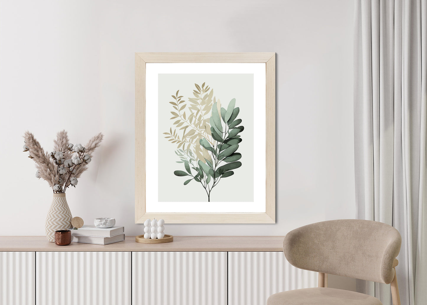 Poster Grüner Und Goldener Aquarellzweig Rahmen Holz Mit Passepartout Farbe Natürlich