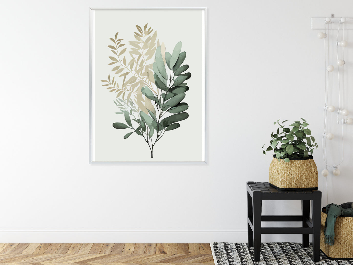 Poster Grüner Und Goldener Aquarellzweig Rahmen Holz Mit Passepartout Farbe Natürlich