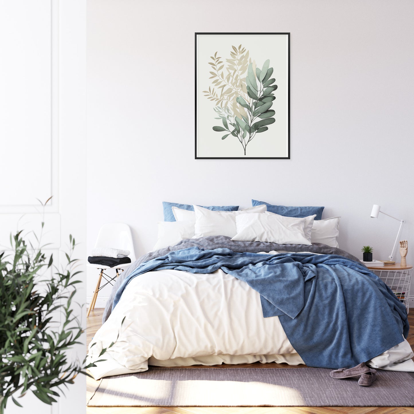 Poster Grüner Und Goldener Aquarellzweig Rahmen Holz Mit Passepartout Farbe Natürlich