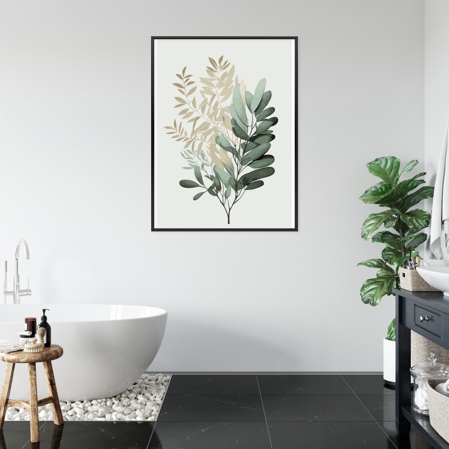 Poster Grüner Und Goldener Aquarellzweig Rahmen Holz Mit Passepartout Farbe Natürlich