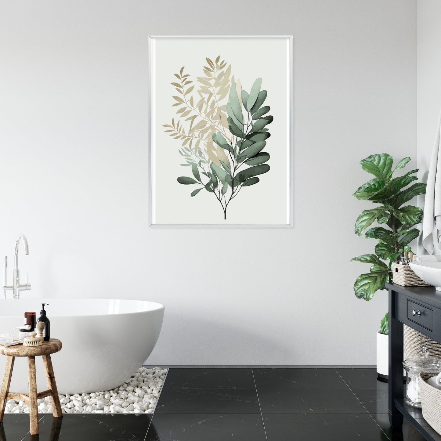 Poster Grüner Und Goldener Aquarellzweig Rahmen Holz Mit Passepartout Farbe Natürlich