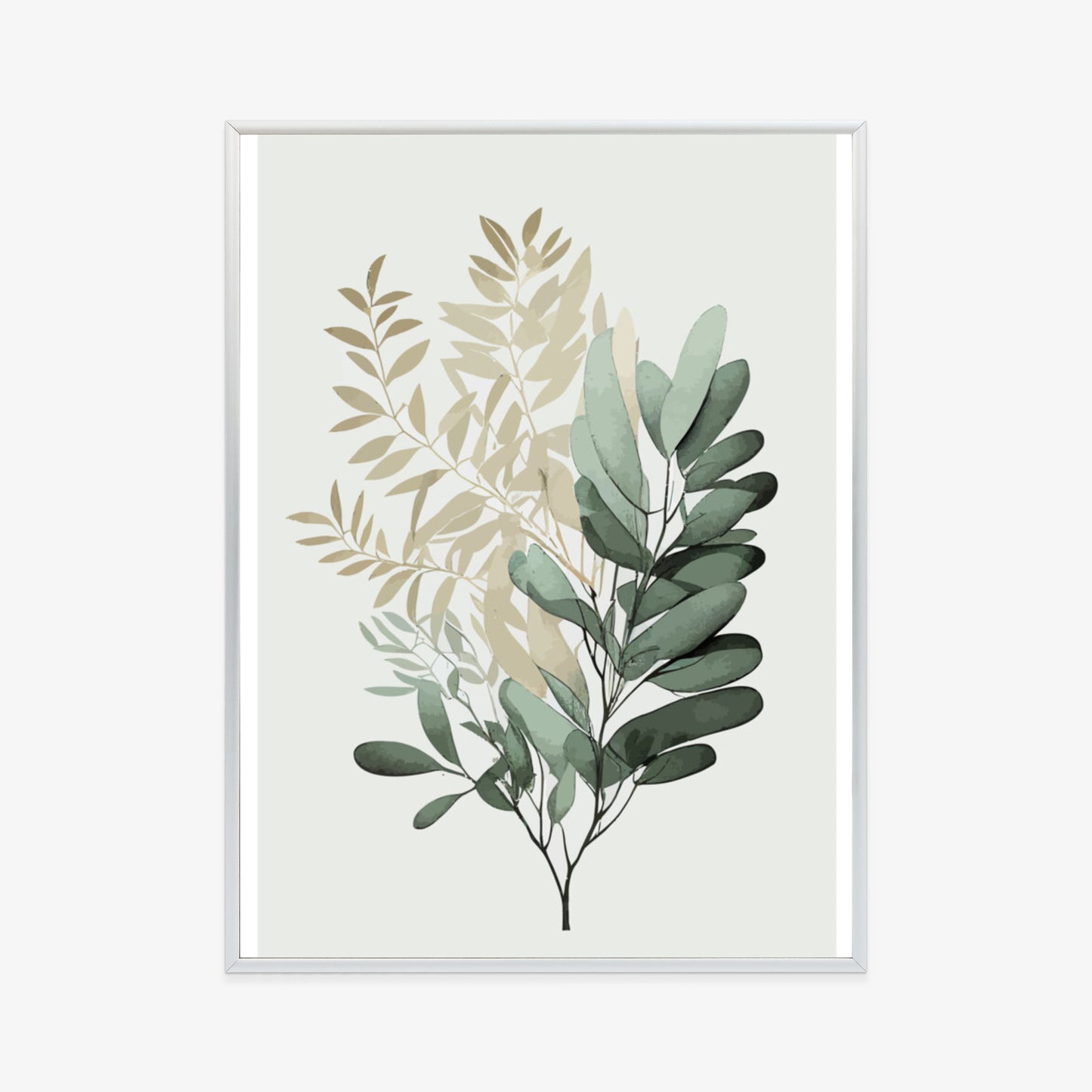 Poster Grüner Und Goldener Aquarellzweig Rahmen Holz Mit Passepartout Farbe Natürlich