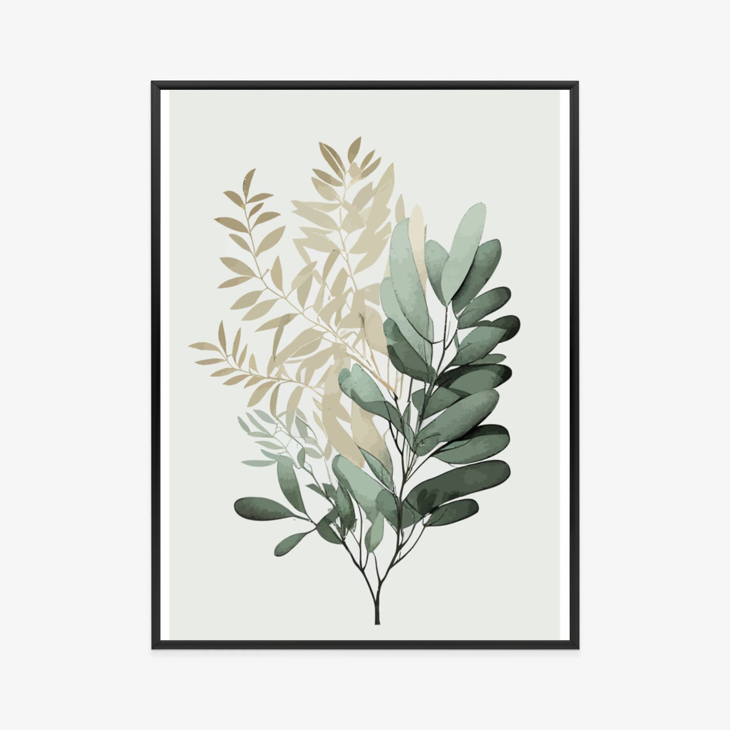Poster Grüner Und Goldener Aquarellzweig Rahmen Holz Mit Passepartout Farbe Natürlich