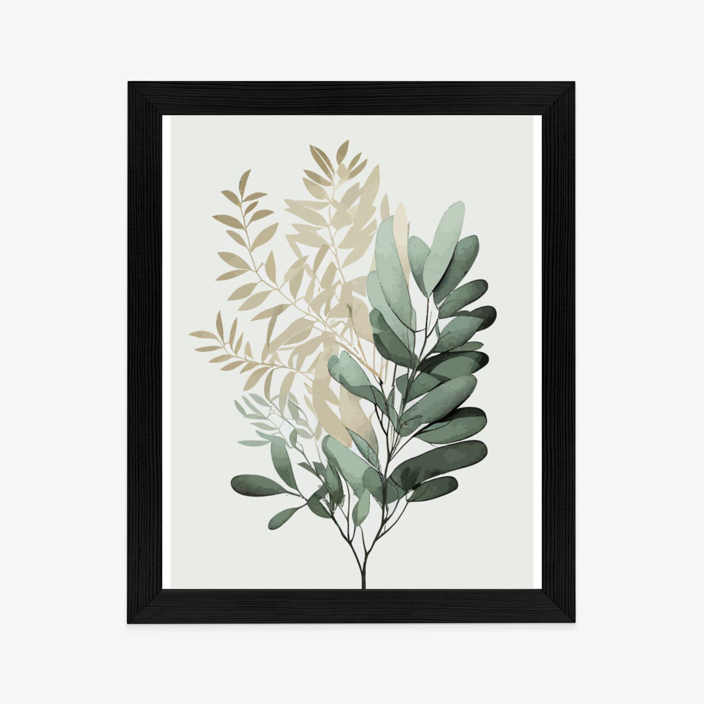 Poster Grüner Und Goldener Aquarellzweig Rahmen Holz Mit Passepartout Farbe Natürlich