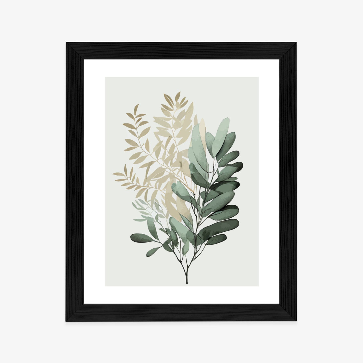 Poster Grüner Und Goldener Aquarellzweig Rahmen Holz Mit Passepartout Farbe Natürlich