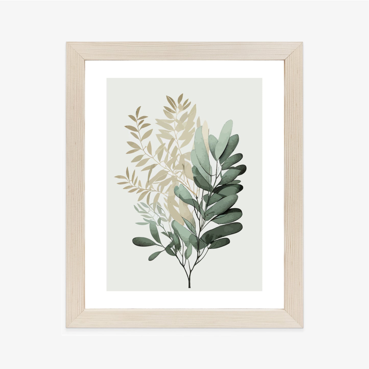 Poster Grüner Und Goldener Aquarellzweig Rahmen Holz Mit Passepartout Farbe Natürlich