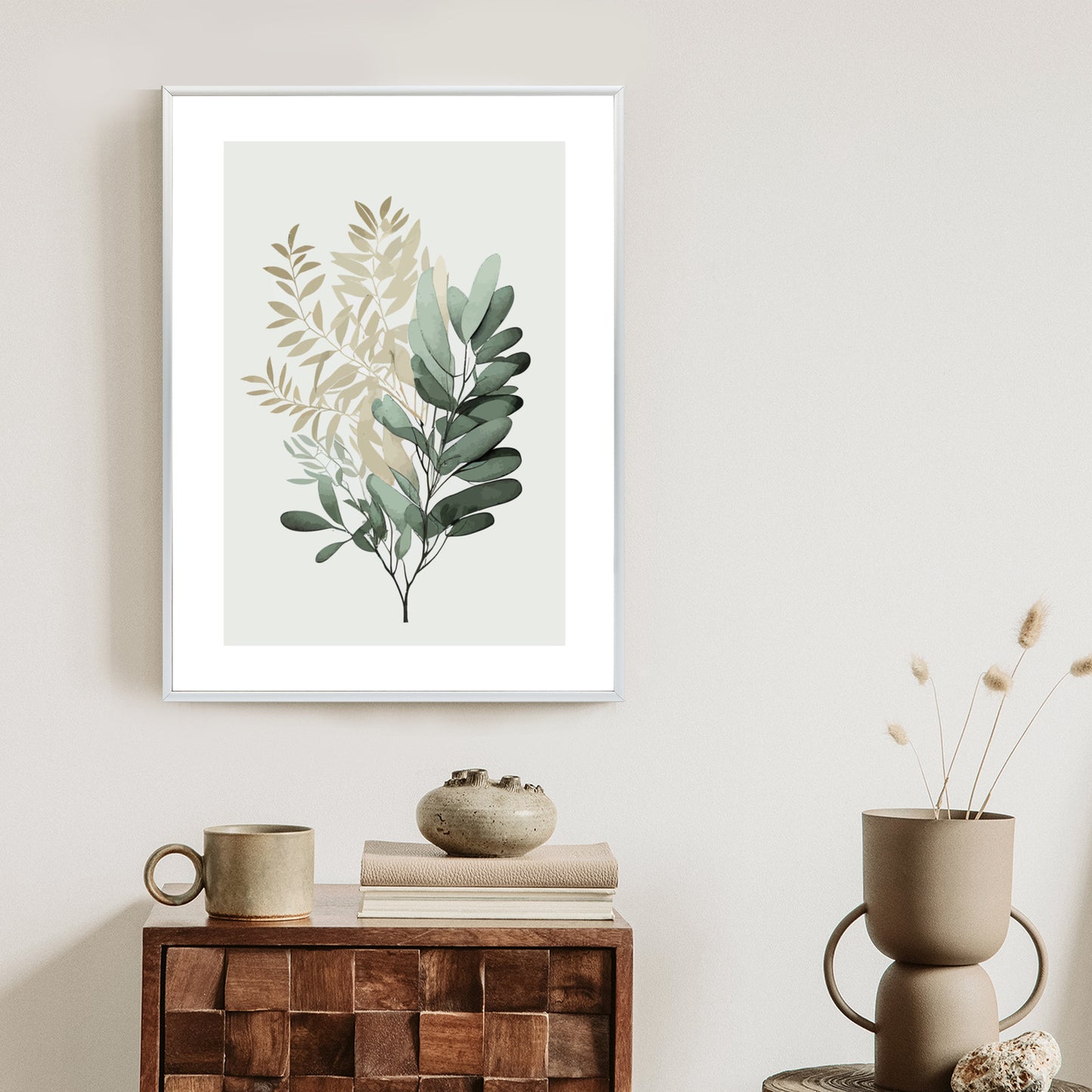 Poster Grüner Und Goldener Aquarellzweig Rahmen Holz Mit Passepartout Farbe Natürlich
