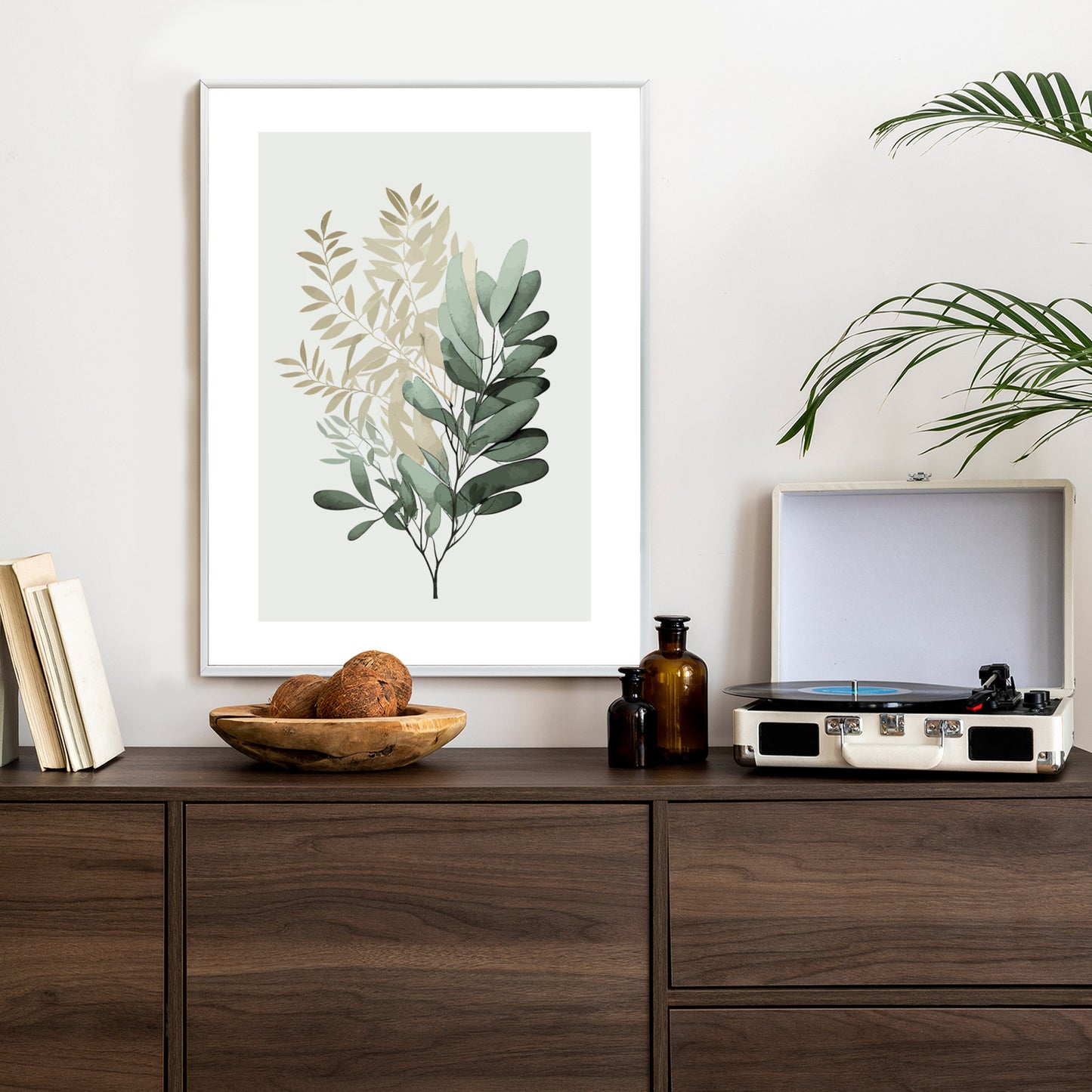 Poster Grüner Und Goldener Aquarellzweig Rahmen Holz Mit Passepartout Farbe Natürlich