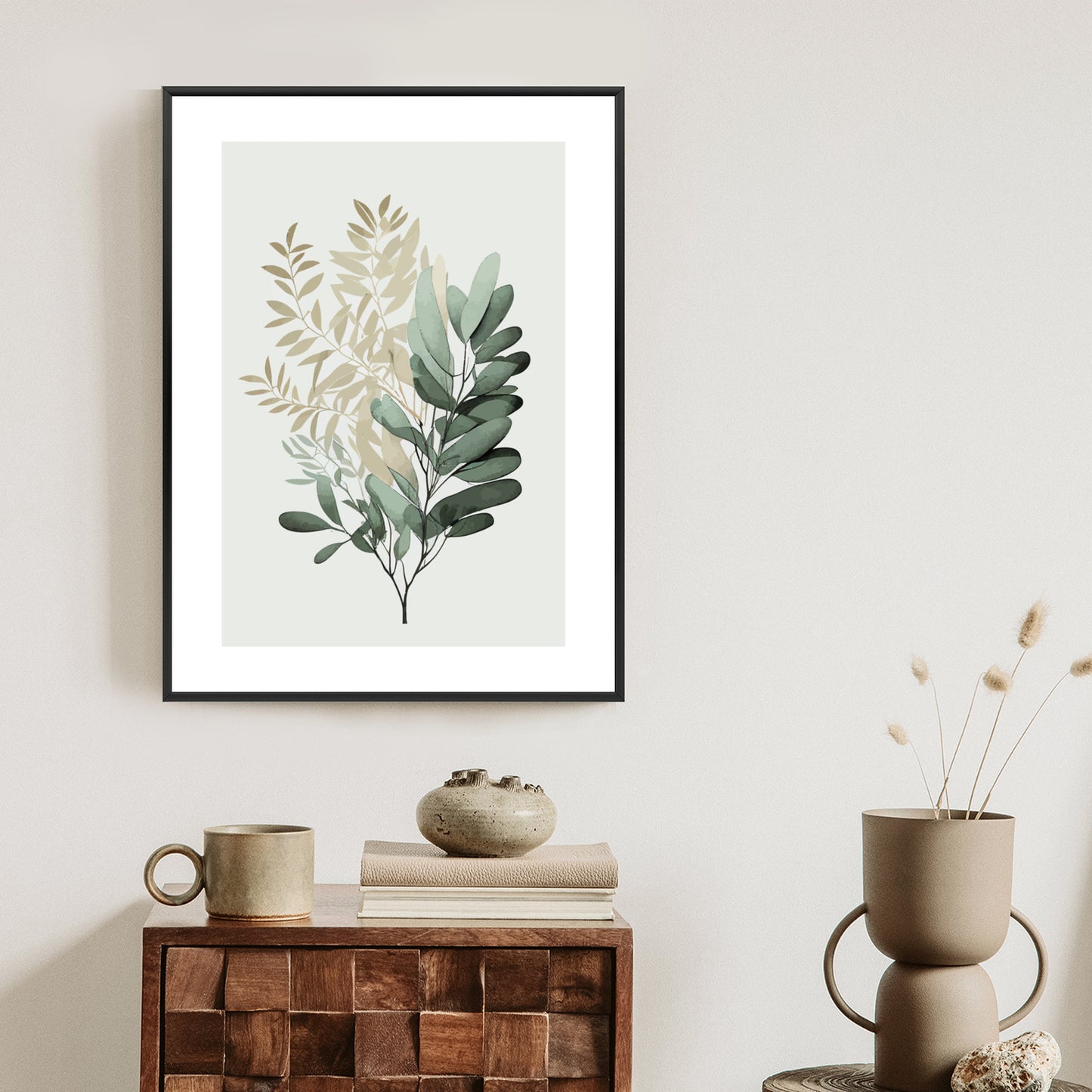 Poster Grüner Und Goldener Aquarellzweig Rahmen Holz Mit Passepartout Farbe Natürlich